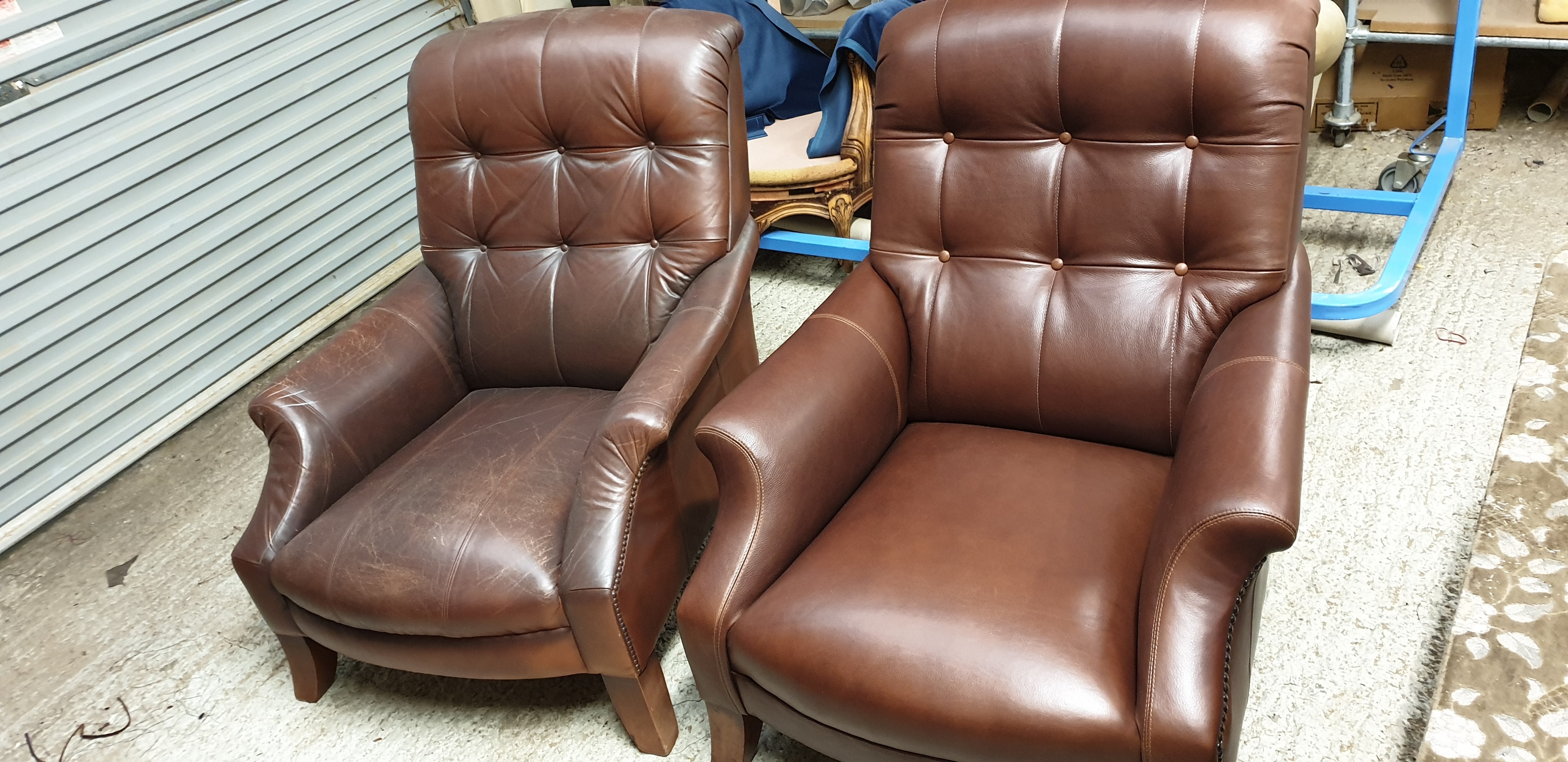 Brown leather armchairs before & after