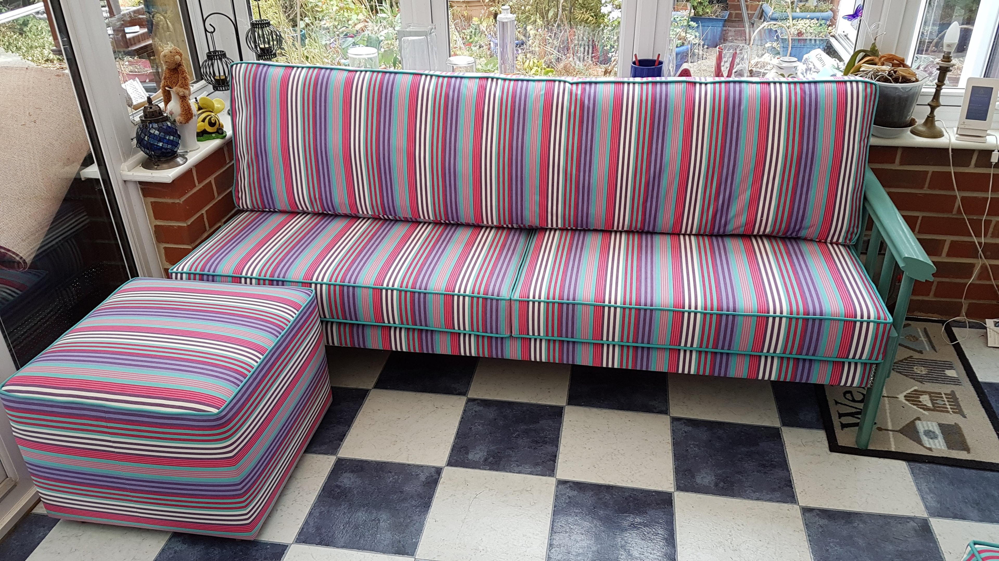 Striped conservatory sofa & ottoman